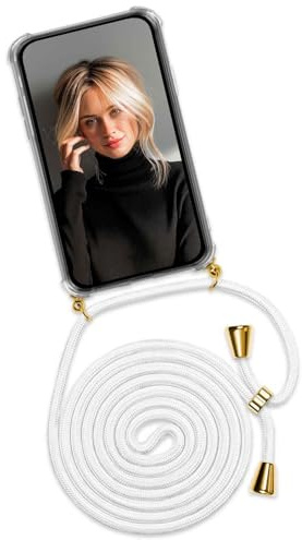 ONEFLOW Handykette für Samsung Galaxy A32 5G Hülle mit Band, Handyhülle mit Kette abnehmbar, Handyband zum Umhängen, Handy Umhängeband Lange Handykordel, Twist Case – Weiß Gold