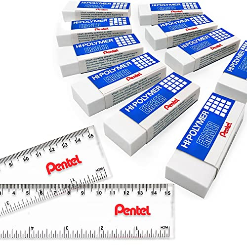 Pentel Jumbo-Radiergummi, Hi-Polymer, Weiß, 10 Stück + 2 Lineale