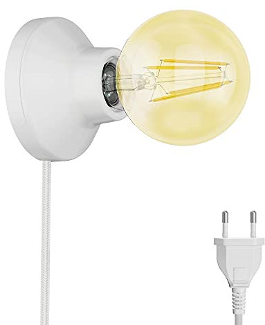 ledscom.de E27 Porzellan Lampen-Fassung Elektra, rund, Stecker Schalter, weiß + LED gold max. 818lm, 3-Stufen dimmen, extra-warmweiß