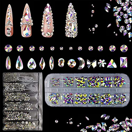 1848 Stücke strasssteine Set Glitzersteine Strasssteine Nägel Flache Selbstklebend Multi Formen 6 Größen Rund Glitzersteine 120 Unregelmäßige Schmucksteine Diamant Edelsteine für NägelHandwerk DIY