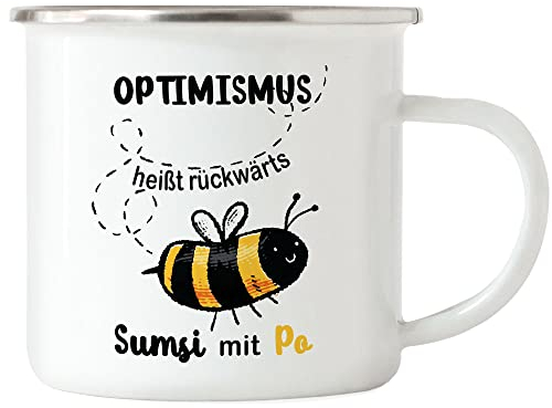 Hey!Print Optimismus Heißt Umgedreht Sumsi Mit Po Emaille Tasse Biene Lustige Humorvolle Geschenkidee Wortwitz