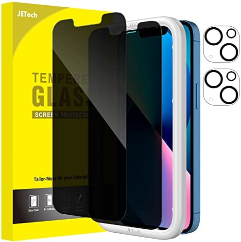 JETech Protector Pantalla Privacidad para iPhone 13 6,1 Pulgadas, con Protector Lente Cámara, Anti Espía Cristal Vidrio Templado, Marco de Instalación, 2 Paquetes Cada Uno