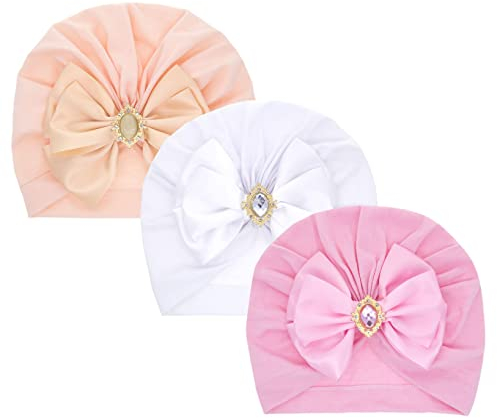 LIUPUUDLY 3 Stück Babymütze Neugeborene Beanie Baumwolle Niedlichen Bogen Schleife Headwrap Turban Mütze für Baby Kleinkind (#4)