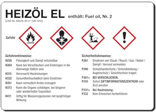 Schilder Klar 585/31 Gefahrengutkennzeichnung, GHS-Gefahrstoffetiketten: Heizöl EL, Folie Selbstklebend, Maße 74mm x 105mm