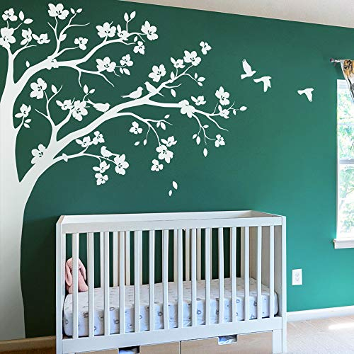 Große Ecke Baum Wandaufkleber Wandtattoo mit großen Blüten, Vögel und Blätter Kinderzimmer Wandkunst Aufkleber Wandbild 087 (Äste nach rechts, Alles in Weiß)