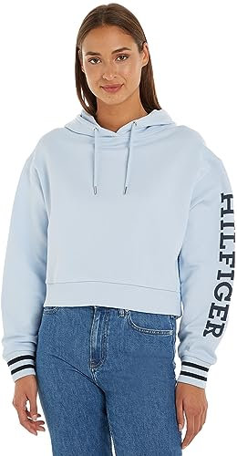 Tommy Hilfiger REG MONOTYPE SLV CROP HOODIE WW0WW39140, Donna, Blu (Breezy Blue), L