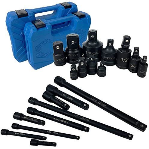 11pcs Impact Adapter Set and 9pcs Extension Bar Set, Reducer and Universal Joint Swivel Socket Adapter Set, 1/4 3/8 1/2 3/4 Drive, Professional Drive Socket Tool Accessory Set with Case