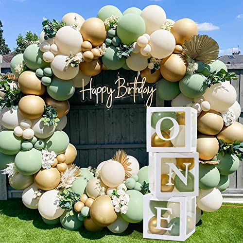 1. Geburtstag Junge, Luftballon Girlande Grün mit ONE Ballon Box, Ballon Girlande Grün, ONE Box Deko für Geburtstagsdeko 1 Jahr Junge, Wild One Geburtstag Deko