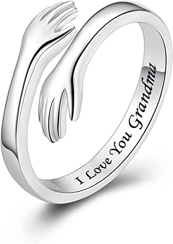 Wonvin Collection 925 Sterling Silver Hug Rings for Women, I Love You Forever Love You Mother Gift Sister Gifts Engraved Words Hugging Hands Open Ring Friendship Jewelry Gift (I Love You Grandma)