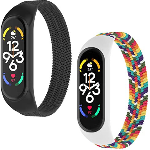 WD&CD 2 Stück Armband kompatibel mit Xiaomi Mi Band 7/6 / 5/4 / 3 (Schwarz+ Regenbogenfarben), Armbänder Nylon Elastizität Uhrenarmband Sport Ersatzarmband, L