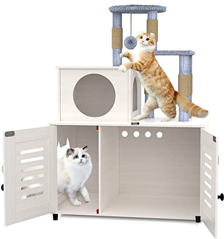 EasyCom Litter Box Enclosure, Hidden Cat Tree Tower Furniture for Indoor House, All-in-one Wooden Cat Litter Cabinet with Scratching Post and Condo, White
