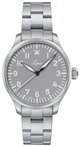 Laco Reloj de aviador automático, carcasa de acero inoxidable, cristal de zafiro, 5 bar, fabricado en Alemania, Base Augsburgo - Correa plateada de acero inoxidable, esfera gris, Herren, Pulsera