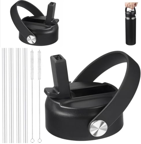 Hydroflask Lids with Straw 32 oz 40 oz Compatible with Hydro Flask Wide Mouth 64 oz Water Bottle, Cap Replacement with Straws, Hydro Flex Handle Top, Flask Water Bottle Accessories(Black 2 Pack)