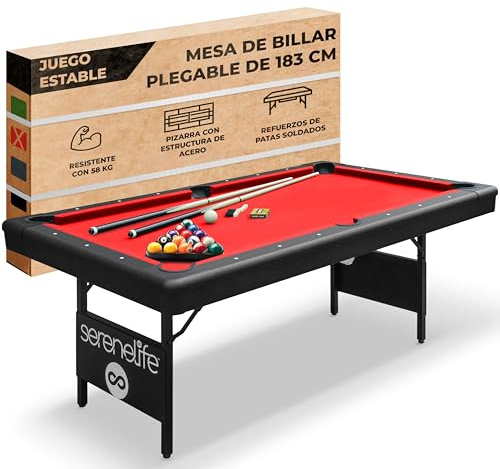 SereneLife 6-Fuß Klapp-Pooltisch – Tragbarer Billardtisch – Inklusive 2 Queues, vollständigem Ballset, Kreide, Bürste – Klappbarer Pooltisch für Kinder und Erwachsene (Rot)
