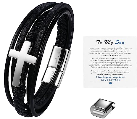 OIDEA Herren Armband Geflochten Leder Kreuz Silber mit Verstellbarer Riegelschnalle, Lederarmband Vintage Retro Stil mit Geschenkbox & to My Son Karte für Männer Sohn