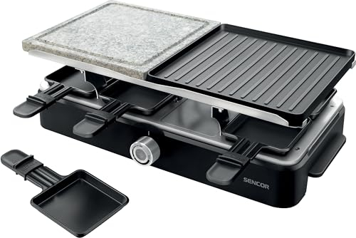 Sencor Raclette Multifunktionsgerät Leistungsstark, EasyClean, Professionell 1400W, Raclette 8 Personen, Raclette Käse, Fondue, Grill und Stein, Verstellbare Temperatur, Komplettes Zubehör