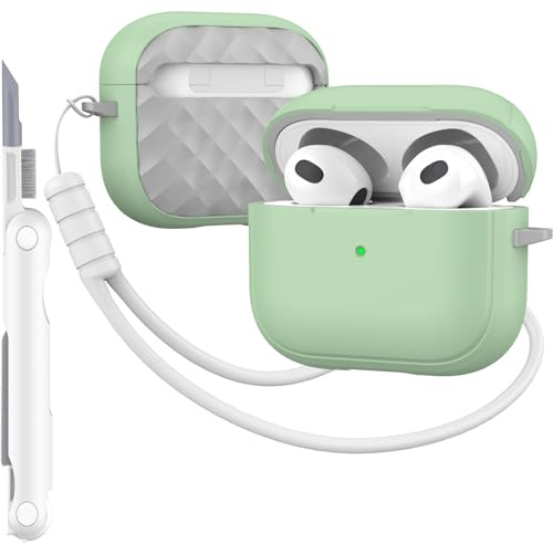 MHYALUDO-Hülle kompatibel mit AirPods 3 Generation mit Reinigungsset, vollständiger Fallschutz mit Trageband, Farbe,Jugendliches Macaron, kompatibel mit Airpods 3-Ladehülle, Grün/Grau