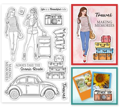 INFUNLY Fashion Women Travel Clear Stamp 6.3x4.3 Lady Bag Trunk Transparente Stempel Urlaubswort Silikonstempel Autokamera Gummistempel Siegel Für DIY Scrapbooking Fotoalbum Journaling Handwerk Deko