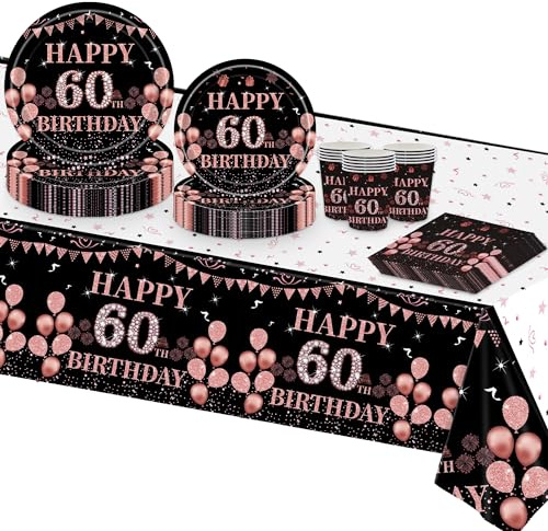 TOPWAYS Noir Or Rose Assiette Jetable Decoration Anniversaire 60 ans, Papier Assiette Jetable Gobelets Serviette Nappe Vaisselle Jetable pour Deco Anniversaire 60 ans Femmes 16 Invités