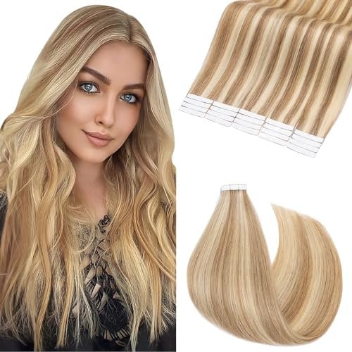 Elailite 20 PCS Tape in Hair Extensions Human Hair Straight Skin Weft 100% Real Remy Hair Extension (#12/613 Golden Brown Mix Bleach Blonde, 14 Inch-40g)