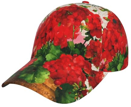 Blauer polynesischer Maori-Stammes-Muster, modisch, gebogen, Baseballhut, Sonnenhut, breite Traufen, geeignet für Outdoor-Sport, Reisen, Rote Geranien, Einheitsgröße