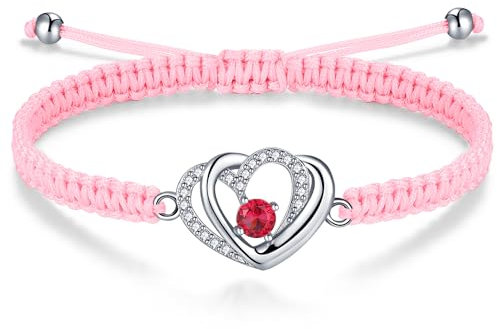 J.Endéar Double Coeur Bracelet Femme Cadeau, Argent 925 Bijoux Rouge Zircone Cubique pour Filles, Bracelet Cordon Tressé Fait Main Ajustable pour Ados (Rose)
