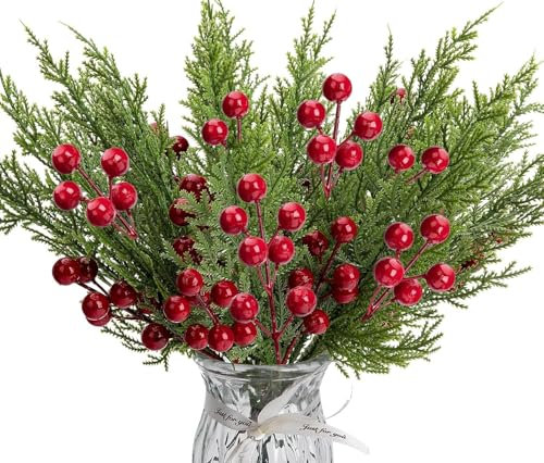 60 Pcs/Set Christmas 3D Artificial Pine Branches -12.5 Inch Faux Evergreen Cedar Sprigs Branches- Fake Foliage Pine Needles Picks with Artificial Red Berry Stems for DIY Christmas Decoration