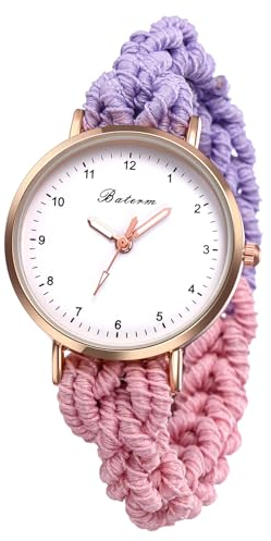 JewelryWe Damenuhr Elastisch Haarband Uhr: Damen Analog Quarz Armbanduhr Multifunktionale Lässige Uhr mit Lila Pink Geflochten Haargummi Stretch Wickelarmband Geschenk für Frau Mädchen