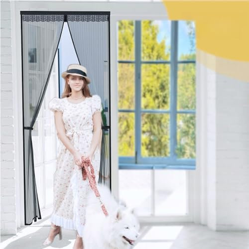 Magnetic Fly Screen Door,90 x 210cm Door nets with with Full Frame Magic Tape and Powerful Magnets Fly Door Curtain,Door Curtains to Stop Flies,Self Sealing, Hands Free, (90X210cm,Black)