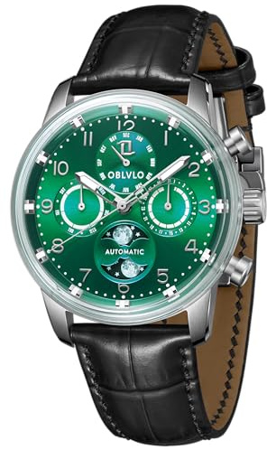 OBLVLO Herren Klassische Uhren Multifunktions Original Automatik Armbanduhr Mondphase Wasserdicht Lederarmband Uhr IM-MUT-MP
