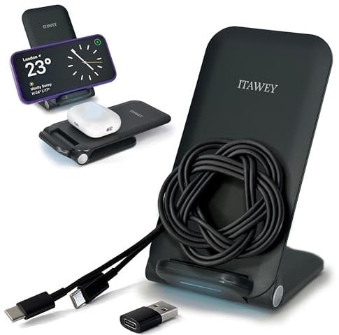 ITAWEY 15W Induktive Ladestation, Faltbar, langes 1,5m Kabel & USB Kabelkonverter, Kabelloses Ladegerät kompatibel mit iPhone 16 15 14 13 12 11 XS XR Galaxy S24 S23 S22 S21 S20 S10, für alle Qi-Handys
