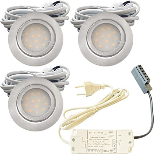 3x IP44 LED Einbauspots 12V, flach, 2,4W, 200lm, Edelstahl gebürstet, inkl. LED-Trafo, 230V Zuleitung mit Stecker, AMP Verteiler, Neutralweiß 4000K, Lochdurchmesser 54-60mm, Plug and Play.
