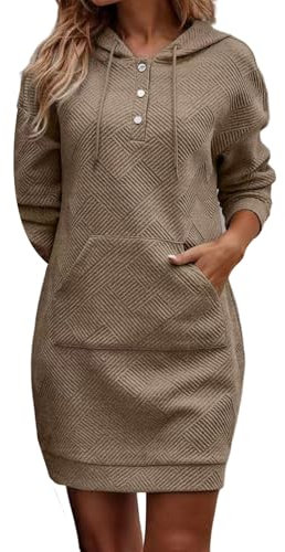 Hoodie Kleid Damen Pullover Mit Kapuze Sweatshirtkleid Mini Kleider Langarm Sweatkleid Damen Kapuzenpulli Jumper Pulli Longshirt Damen Lässig für Leggings Freizeitkleid mit Taschen(A1 Khaki,M)