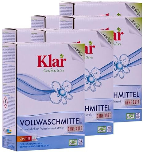 Klar eco Sensitive Vollwaschmittel 4x2,475kg, ohne Duft, 45 Waschladungen, für Allergiker, vegan