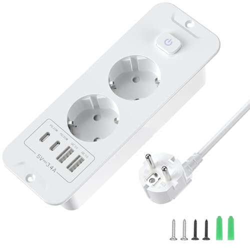 Tischplatte Versenkbare Steckdose mit 2 USB A & 2 Type C, Einbausteckdose Steckdosenleiste 2 Fach mit 2m Verlängerungskabel, Tischsteckdose Doppelstecker mit Schalter für Tischplatte - Weiß