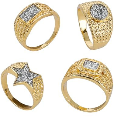 90s Gold & Diamond Bling Rings, 4Pk