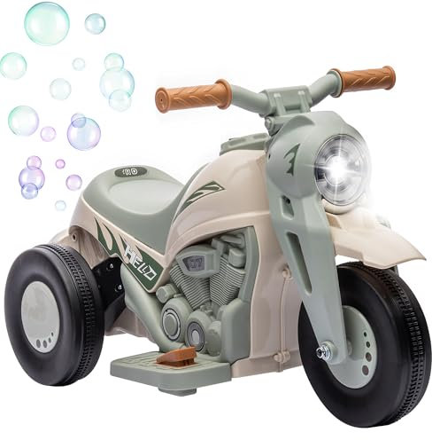 AIYAPLAY Elektro Kindermotorrad, 6V Elektromotorrad mit Seifenblasenmaschine, Musik, Scheinwerfer, Kindermotorrad mit Vorwärts-, Rückwärtsfunktion, Dreirad für 2-5 Jahre Kinder, Cremeweiß