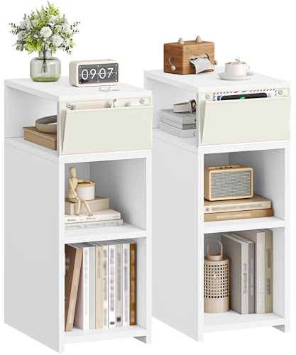 Hzuaneri Nachttisch 2er Set, Schmal Nachttische mit 3 Offenes Fach, Beistelltisch mit Stofftaschen zur Aufbewahrung, Ideal für kleine Räume, Geeignet für Schlafzimmer, Wohnzimmer, Weiß NS24603W