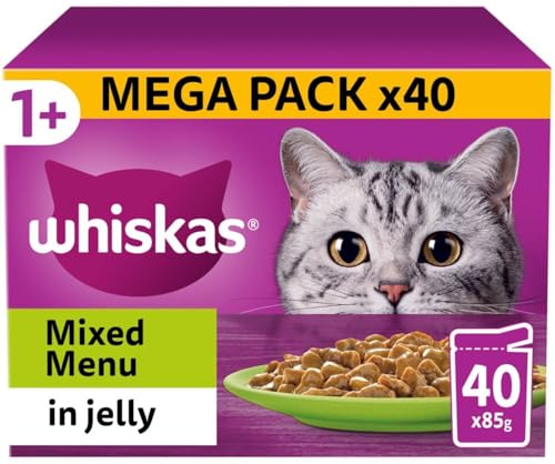 120 x 85g Whiskas 1+ Mixed Menu Mixed Adult Wet Cat Food Pouches in Jelly