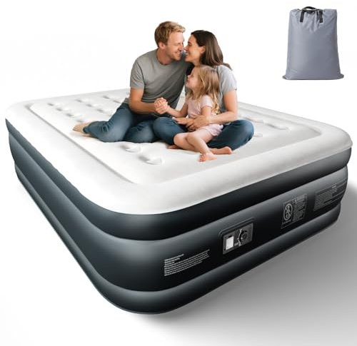 Bonnlo King Inflatable Air Bed,Double Camping Air Mattress with Built-in Electric Pump,203x152x46cm Flocked Surface, UK Plug, 200kg Capacity for Outdoor Camping & Guest Use (Grey/White)