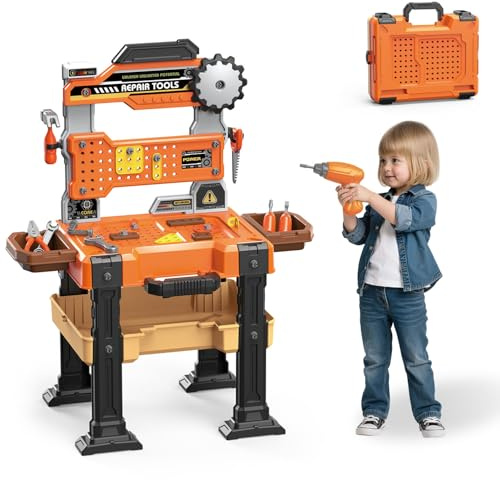 Kids Tool Bench for Toddler Pretend Play Workbench Mechanic Set with Realistic Tools and Electric Drill Spark Creativity and Boost Social Skills
