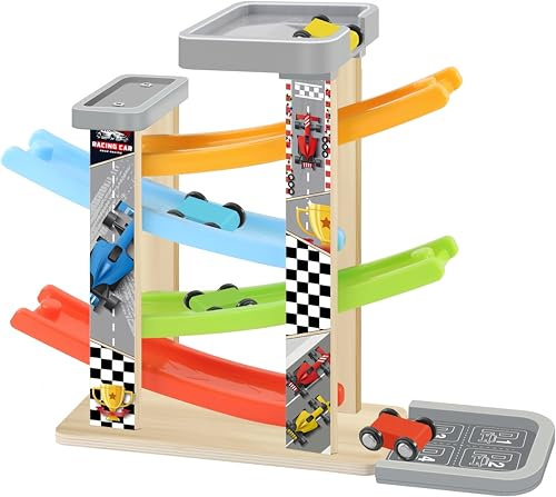 Muslecid Kugelbahn Holz ab 1 Jahr mit Parkplatz & 4 Autos, Montessori Spielzeug & Motorikspielzeug, Auto Murmelbahn, Geschenk für Baby Junge Mädchen 1 2 Jahre