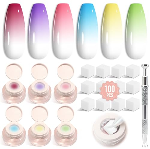 Shining She Ombre Gel Nagellack Set, 6 Farben Pastell Rot Rosa Gelb Grün Blau Lila Pat Painting Gel Nail polish Set für Farbverlauf Nageldesign mit Maniküre-Greifer und 100 Nail Art Schwämme