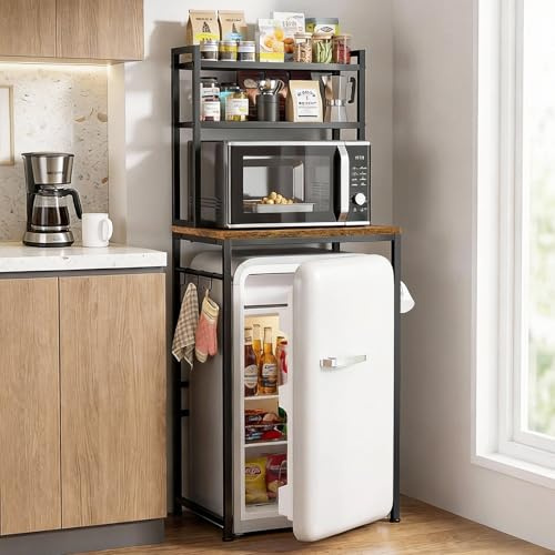 ikkle Mini Fridge Stand with Storage Shelves, 3-Tier Mini Fridge Rack with Microwave Storage, Wood Utility Storage Shelf with Mini Fridge Storage Space for Dorm Kitchen (Brown