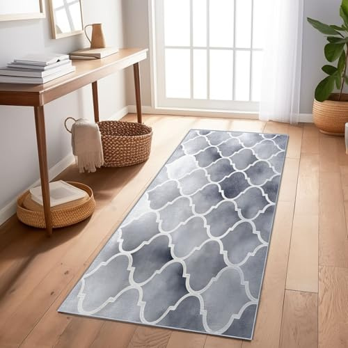 Läufer Teppich Marokko Geometrische Muster Dekorative Oberflächen Grau 80X200 cm – Rutschfester Waschbarer Flurläufer Für Wohnzimmer Schlafzimmer Küche – Weich Kurzflor Teppichläufer