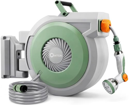 Bietor Retractable Hose Reel Wall Mounted 20m/30m/40m, Garden Hose Pipe with Auto Rewind, 180° Swivel Hose Reel, Anti-Kink Water Hose with 10 Spray Gun