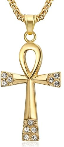 BOBIJOO JEWELRY - Grand Pendentif Croix de Vie Ankh Collier Homme 60x37mm Acier inoxydable Or Doré Plaqué Diamants Chaîne