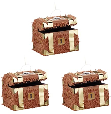 3er Set Pinata Schatzkiste, zum Aufhängen, Kinder, Mädchen, Jungs, Geburtstag, Befüllen, HxBxT: 27 x 30 x 23 cm, braun