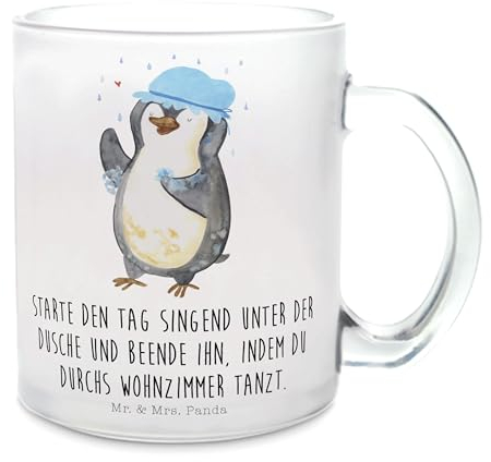Mr. & Mrs. Panda Teetasse Pinguin Duschen - Geschenk, Tasse mit Henkel, Motivation, Teeglas, Duschkonzert, Glas Teetasse, Lebensmotto, Teetasse aus