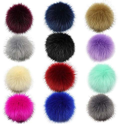 Tonsee 12 Stücke Flauschigen Plüsch Strickmützen Zubehör,Pom Pom Ball mit Druckknopf für Stricken Hüte Zubehör Bommelmütze Schlüsselanhänger Bommel 10cm